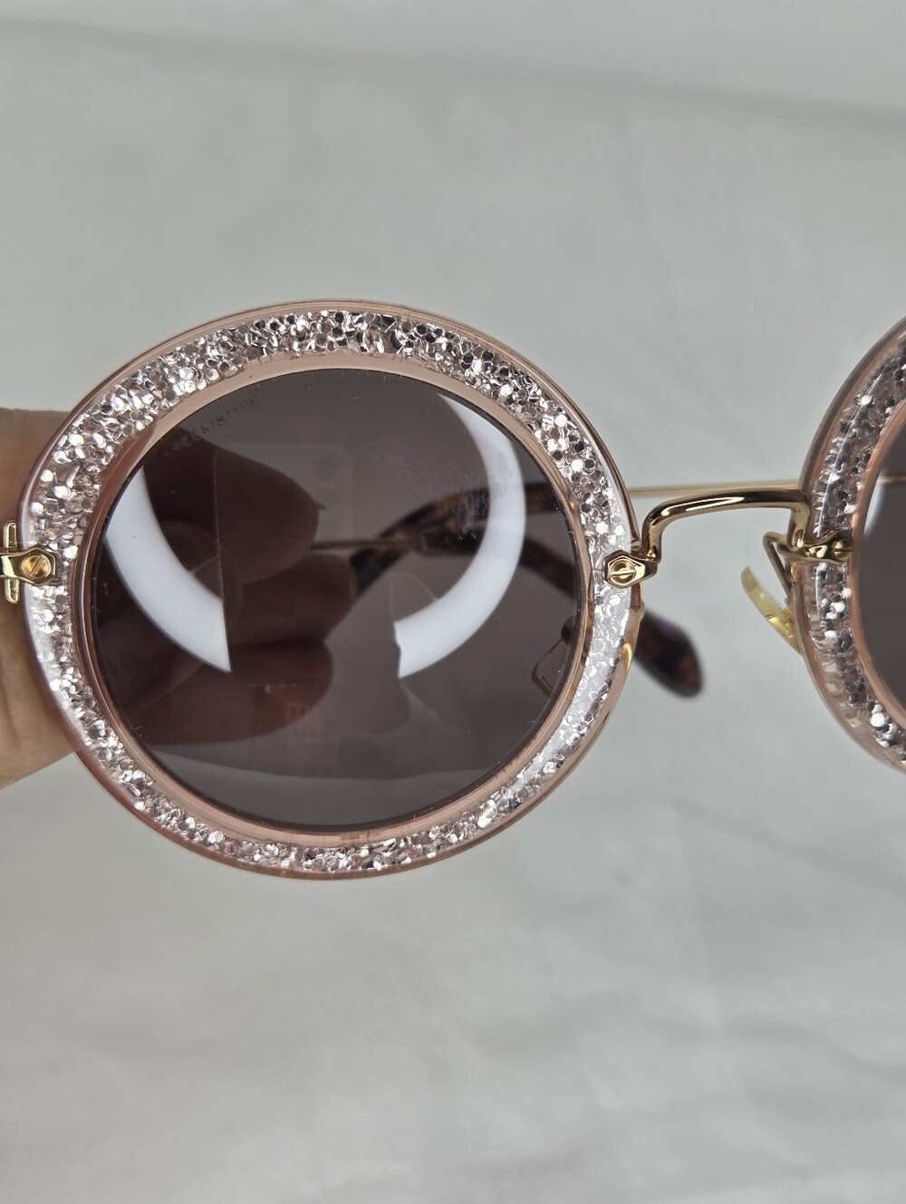 Miu Miu Round Pink Glitter Crystal-Trim Sunglasses - Picture 6 of 13